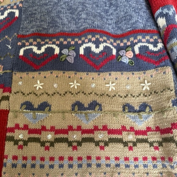 Koret City Blue VTG Patchwork Knit Sweater Heart Floral Embroidery Womens Sz M - Picture 7 of 8